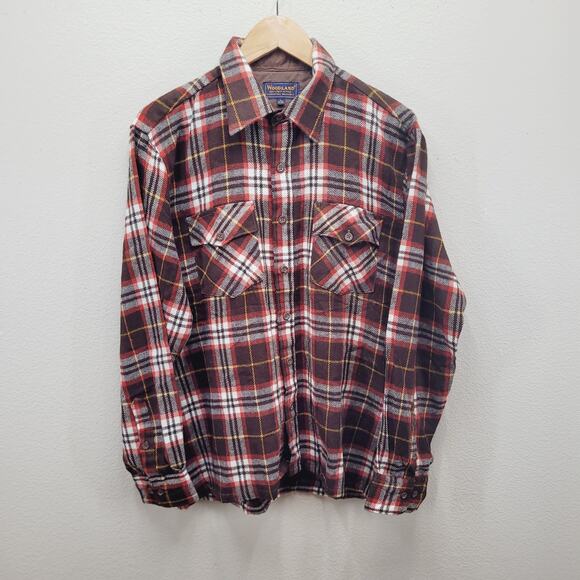 VTG 90s Woodland Flannel Shirt L 23.5" Chest Lined Bias Pockets Acrylic Plaid - Picture 1 of 7
